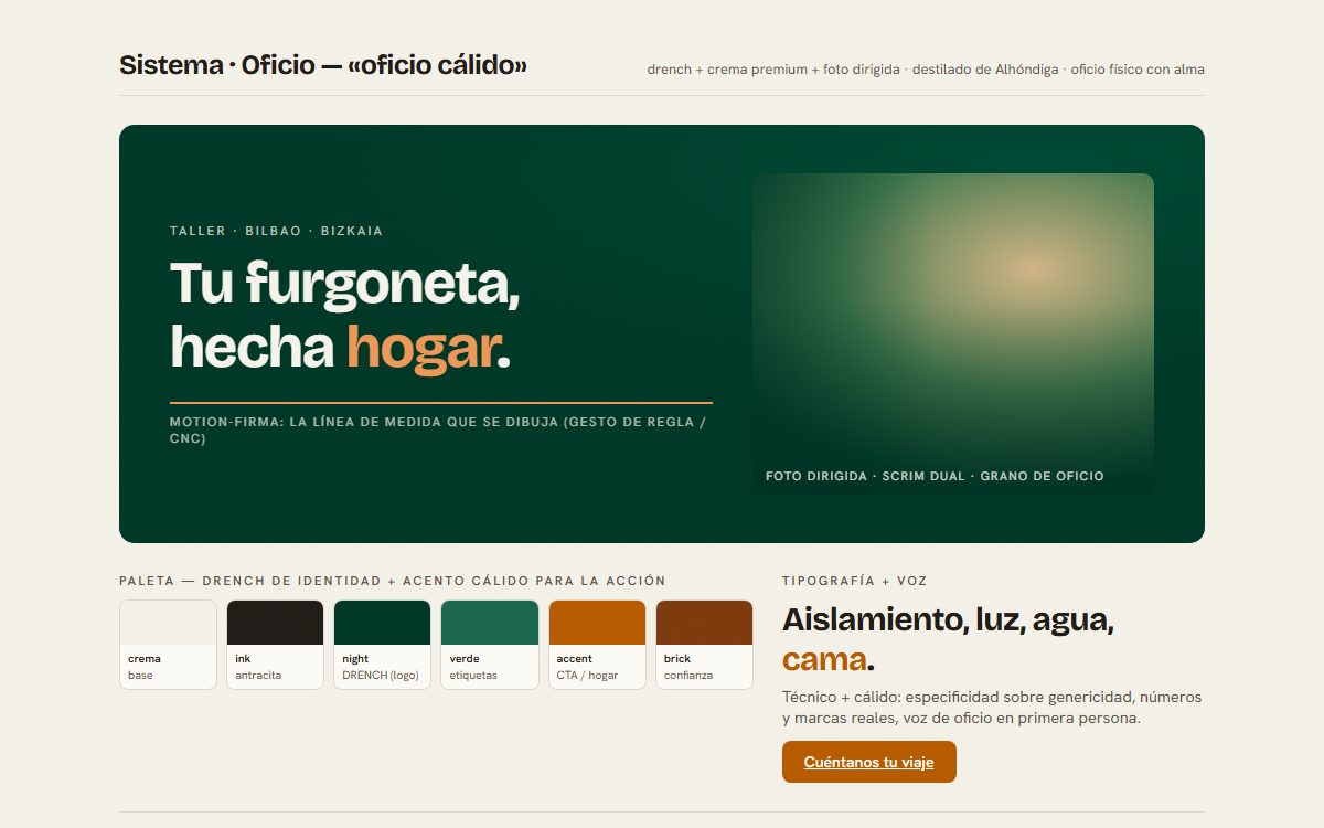 Sistema Oficio — cálido, drench + foto dirigida (Alhóndiga)